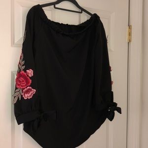 Black off shoulder top w/ floral sleeves